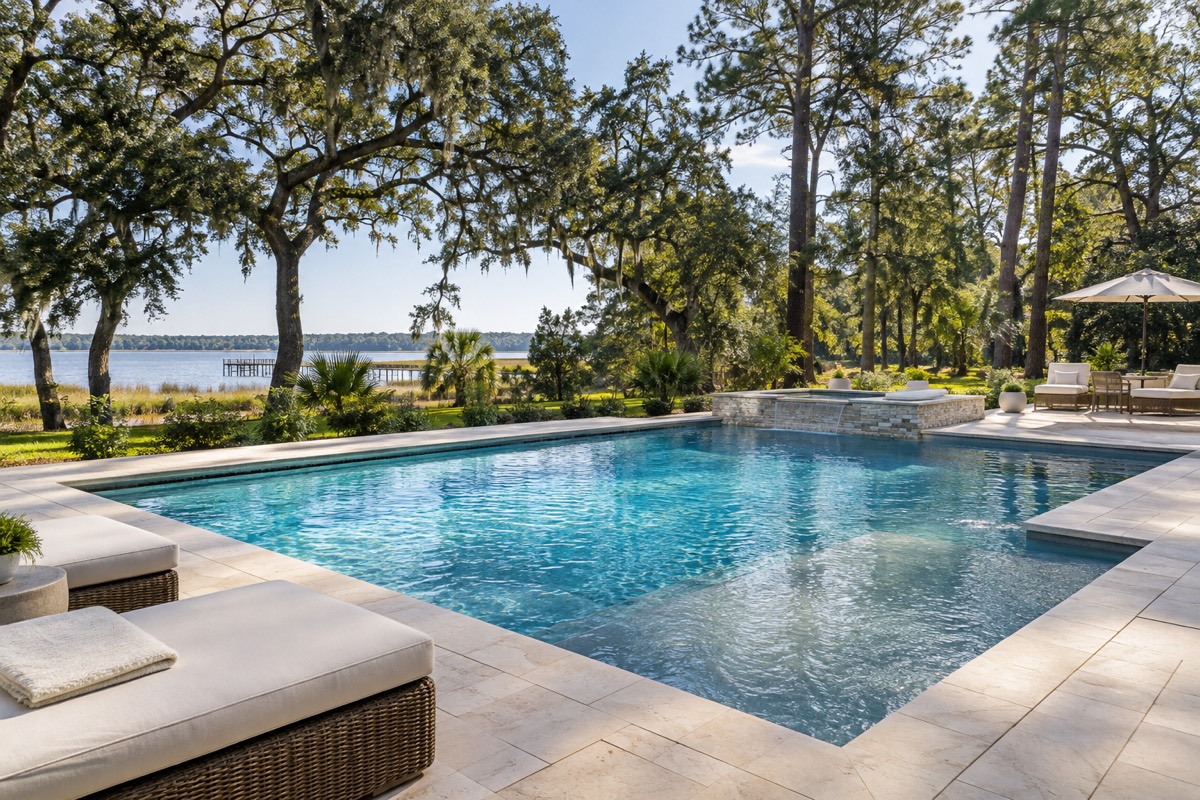 Blue residential swimming pool surrounded by North Florida greenery