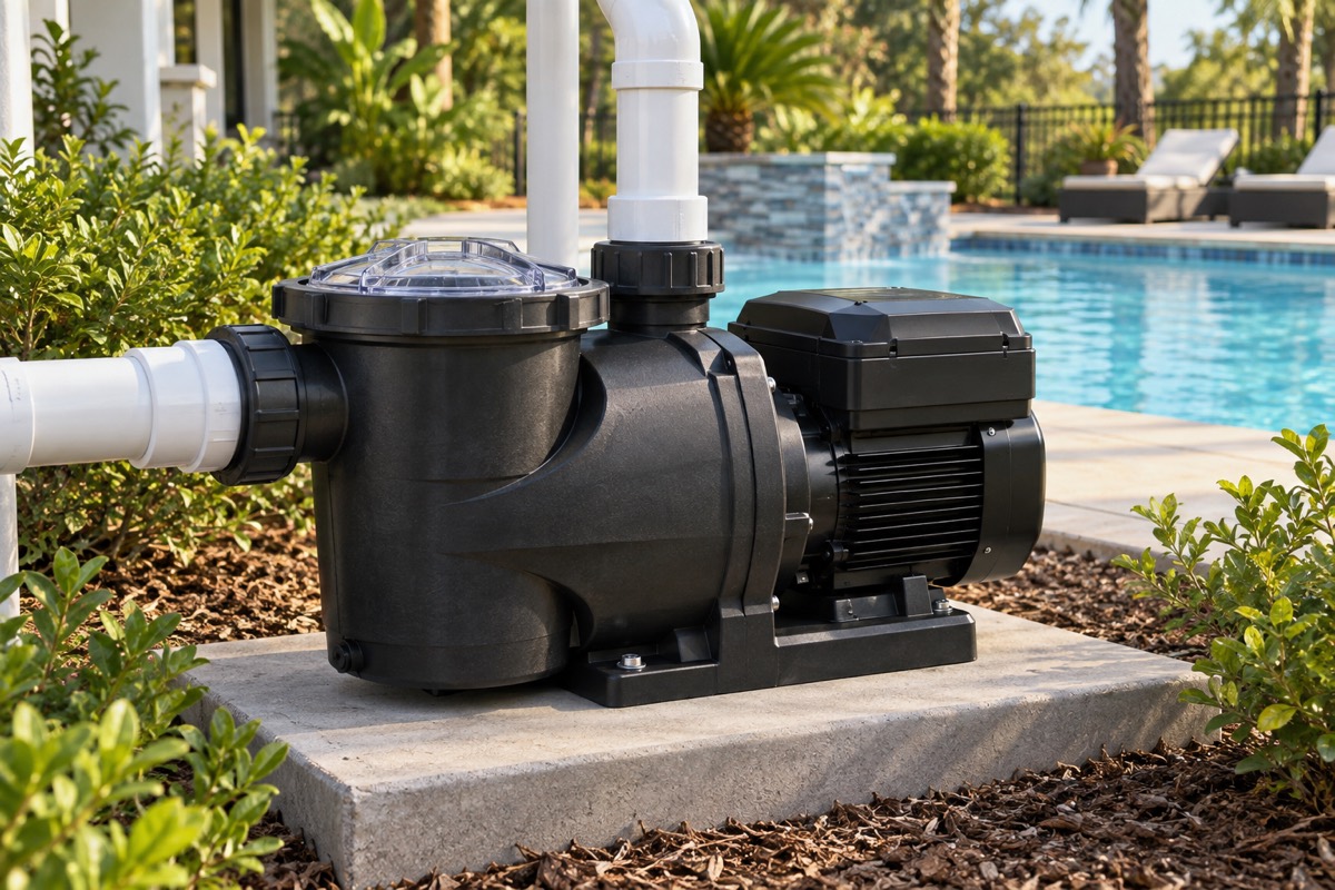 Residential swimming pool pump on an equipment pad